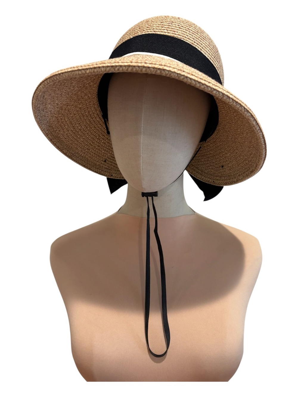 VTG COMHATS WOVEN STRAW SUN HAT BLACK & WHITE GROSGRAIN RIBBON COTTAGECORE SZ 8 - Picture 3 of 8